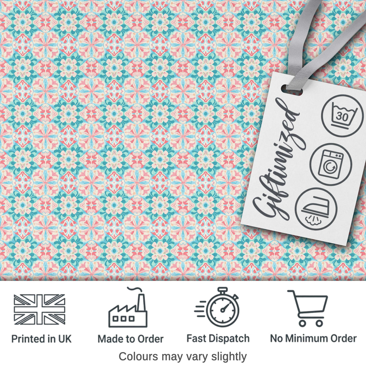Pastel Floral Geometric Tile Pink Teal Seamless Pattern Digital Print Fabric by the Metre UK Sewing Quilting Textile