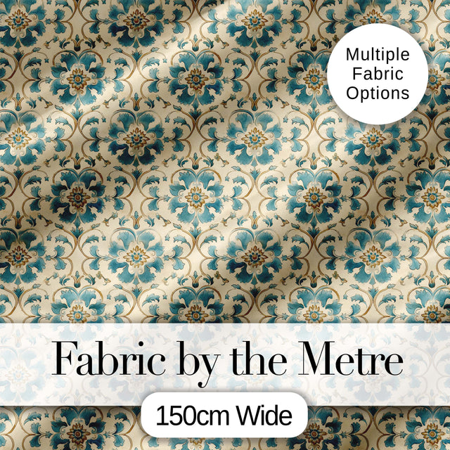 Classic Blue White Tile Floral Portuguese Style Seamless Pattern Digital Print Fabric by the Metre UK Sewing Quilting Textile