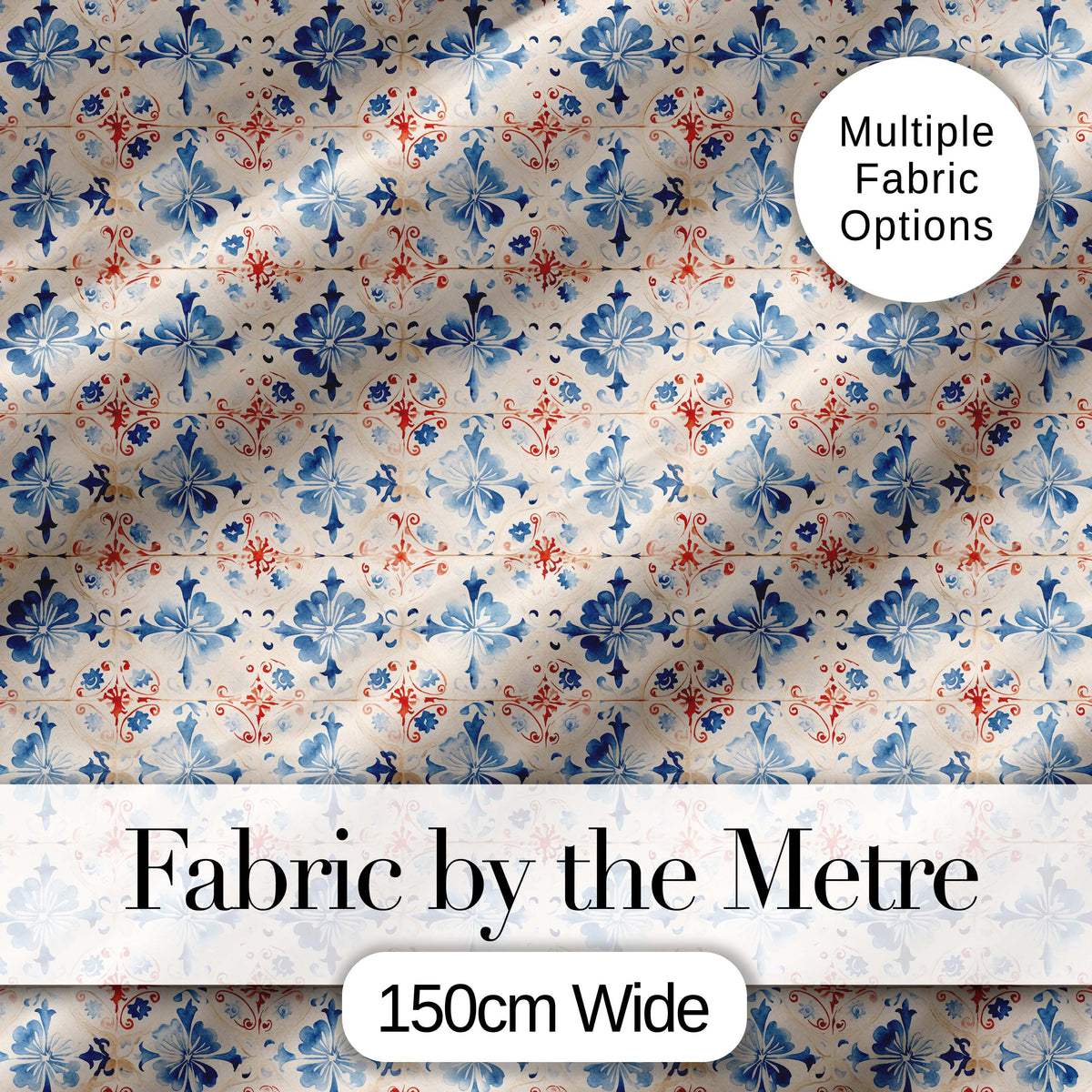 Bold Vintage Tile Red Navy Ornamental Seamless Pattern Digital Print Fabric by the Metre UK Sewing Quilting Textile