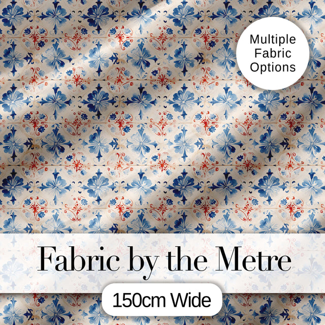 Bold Vintage Tile Red Navy Ornamental Seamless Pattern Digital Print Fabric by the Metre UK Sewing Quilting Textile