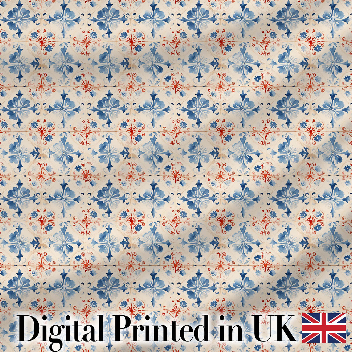 Bold Vintage Tile Red Navy Ornamental Seamless Pattern Digital Print Fabric by the Metre UK Sewing Quilting Textile