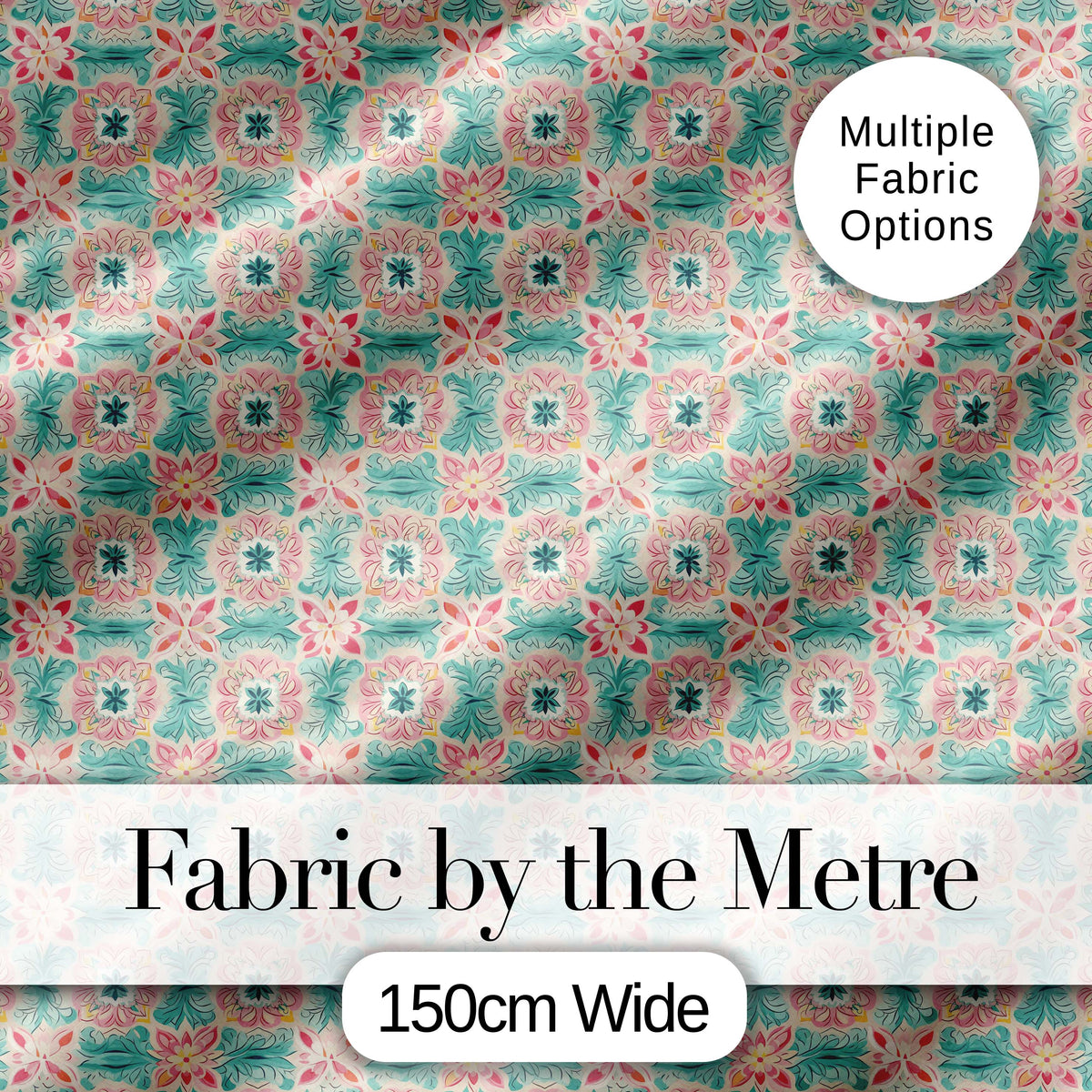 Elegant Aqua Gold Decorative Tile Floral Seamless Pattern Digital Print Fabric by the Metre UK Sewing Quilting Textile