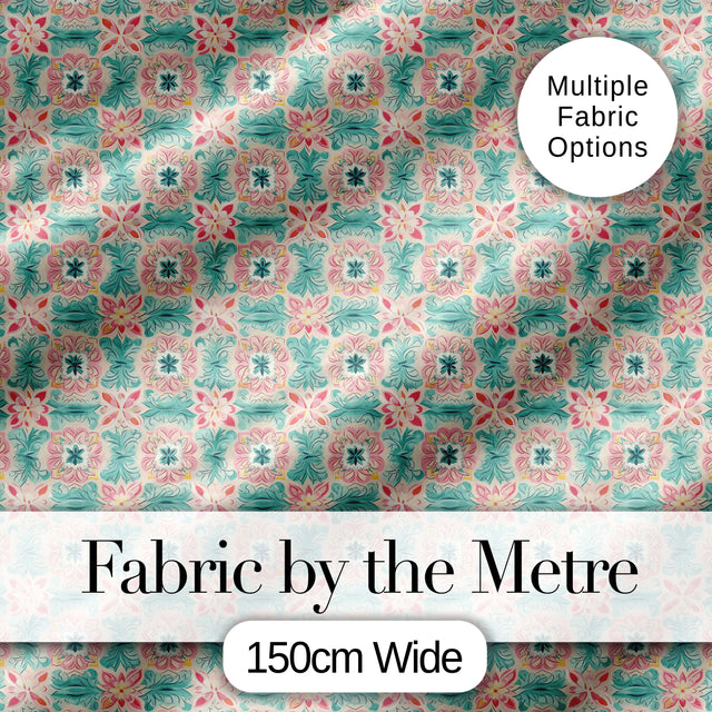 Elegant Aqua Gold Decorative Tile Floral Seamless Pattern Digital Print Fabric by the Metre UK Sewing Quilting Textile