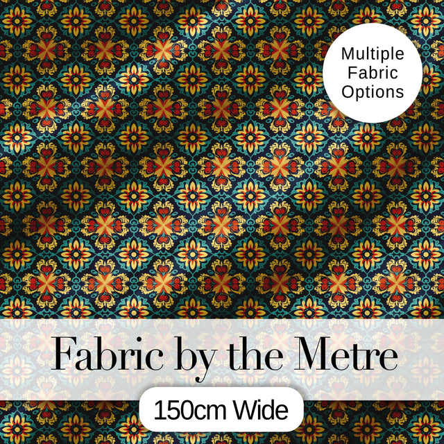 Teal and Mustard Ornate Floral Tile Pattern with Symmetrical Vintage Motifs Digital Print Fabric by the Metre UK Sewing Quilting Textile