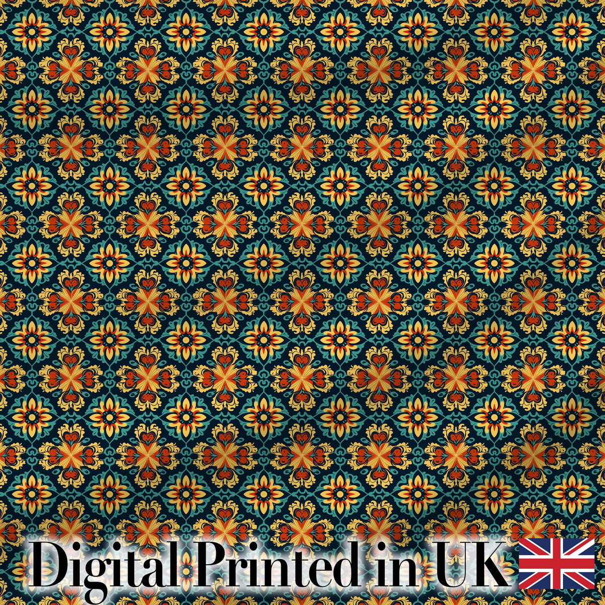 Teal and Mustard Ornate Floral Tile Pattern with Symmetrical Vintage Motifs Digital Print Fabric by the Metre UK Sewing Quilting Textile