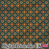 Teal and Mustard Ornate Floral Tile Pattern with Symmetrical Vintage Motifs Digital Print Fabric by the Metre UK Sewing Quilting Textile