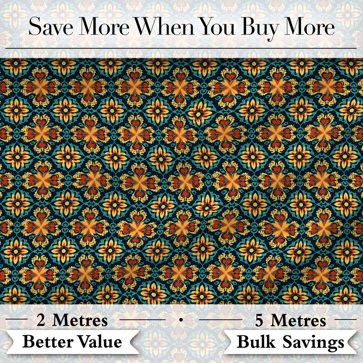 Teal and Mustard Ornate Floral Tile Pattern with Symmetrical Vintage Motifs Digital Print Fabric by the Metre UK Sewing Quilting Textile