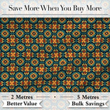 Teal and Mustard Ornate Floral Tile Pattern with Symmetrical Vintage Motifs Digital Print Fabric by the Metre UK Sewing Quilting Textile