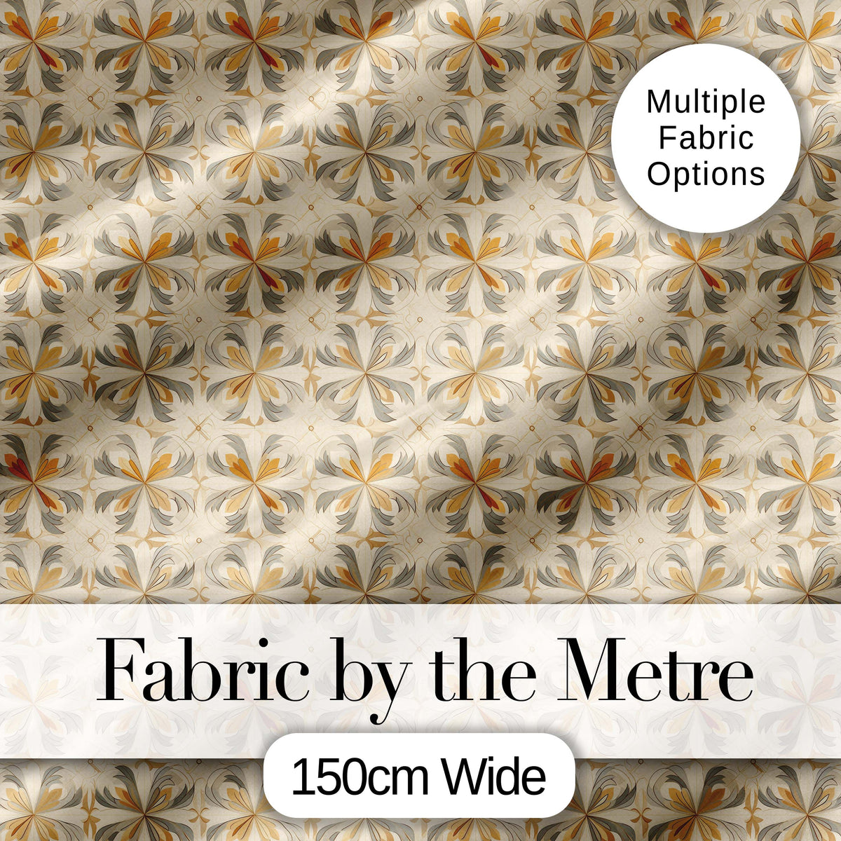 Neutral Beige and Ochre Elegant Floral Tile  with Subtle Vintage Symmetry Digital Print Fabric by the Metre UK Sewing Quilting Textile