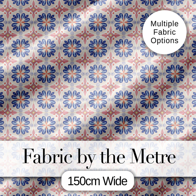 Pastel Blue and Pink Decorative Tile Pattern with Floral Symmetry on Cream Digital Print Fabric by the Metre UK Sewing Quilting Textile