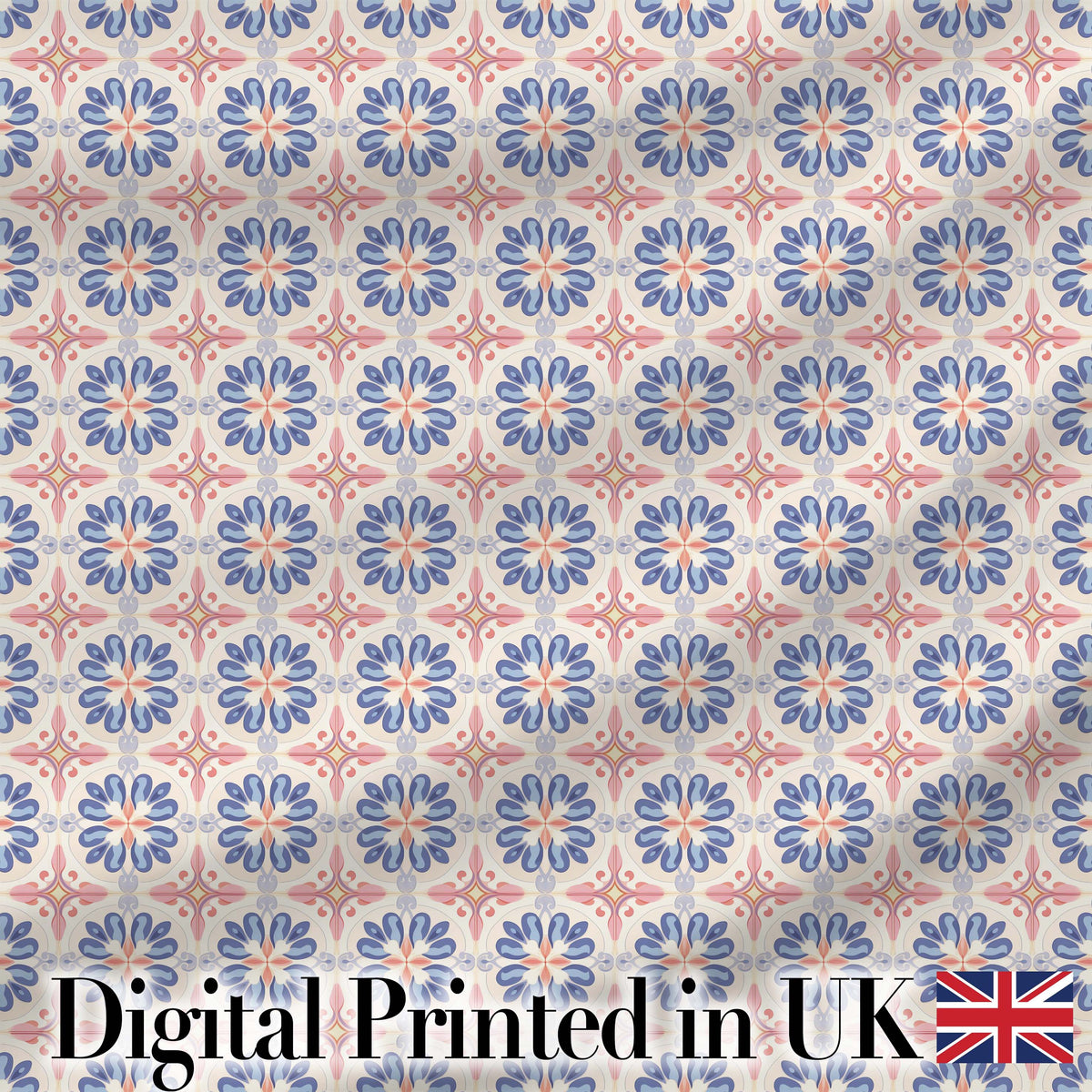 Pastel Blue and Pink Decorative Tile Pattern with Floral Symmetry on Cream Digital Print Fabric by the Metre UK Sewing Quilting Textile