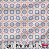 Pastel Blue and Pink Decorative Tile Pattern with Floral Symmetry on Cream Digital Print Fabric by the Metre UK Sewing Quilting Textile