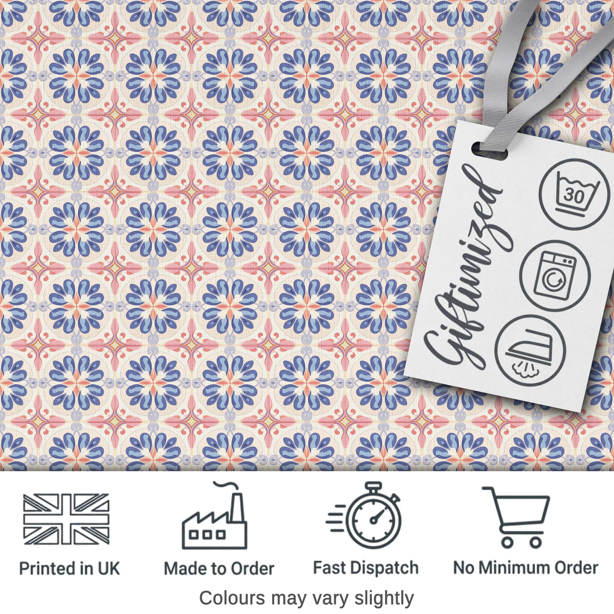 Pastel Blue and Pink Decorative Tile Pattern with Floral Symmetry on Cream Digital Print Fabric by the Metre UK Sewing Quilting Textile