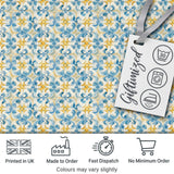 Blue and Gold Classic Decorative Tile Pattern with Elegant Floral Symmetry Digital Print Fabric by the Metre UK Sewing Quilting Textile