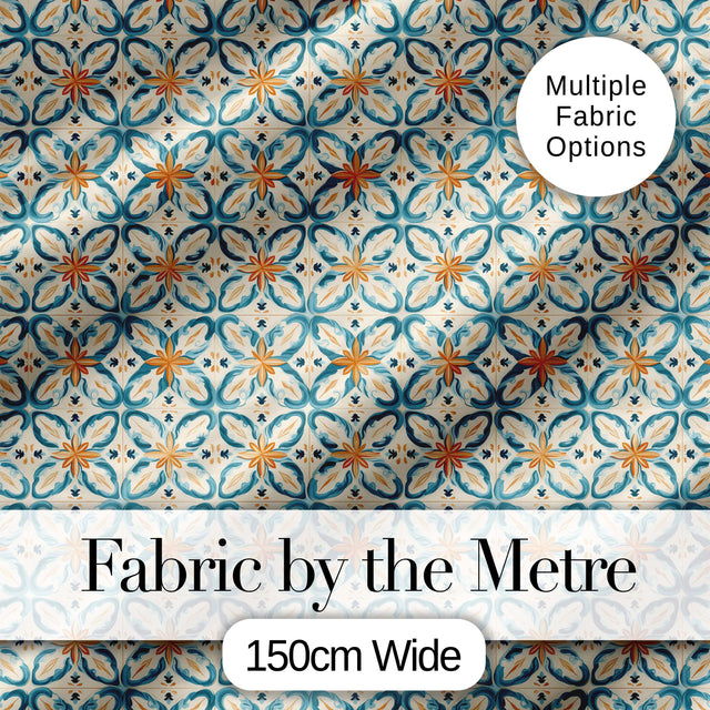 Soft Blue and Yellow Vintage Scroll Tile Pattern with Ornate Floral Elements Digital Print Fabric by the Metre UK Sewing Quilting Textile