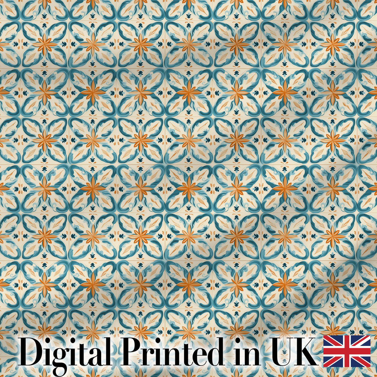 Soft Blue and Yellow Vintage Scroll Tile Pattern with Ornate Floral Elements Digital Print Fabric by the Metre UK Sewing Quilting Textile