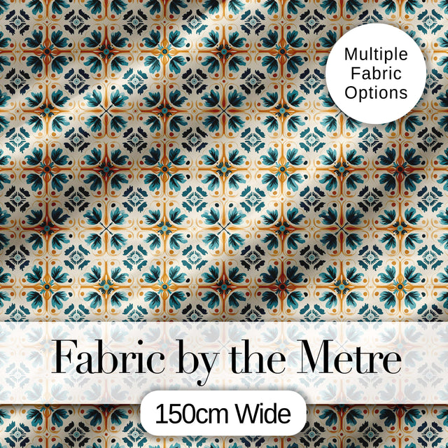 Teal and Orange Stylised Floral Tile Pattern with Repeating Geometric Layout Digital Print Fabric by the Metre UK Sewing Quilting Textile