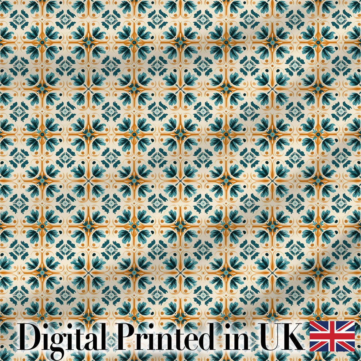 Teal and Orange Stylised Floral Tile Pattern with Repeating Geometric Layout Digital Print Fabric by the Metre UK Sewing Quilting Textile