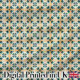 Teal and Orange Stylised Floral Tile Pattern with Repeating Geometric Layout Digital Print Fabric by the Metre UK Sewing Quilting Textile
