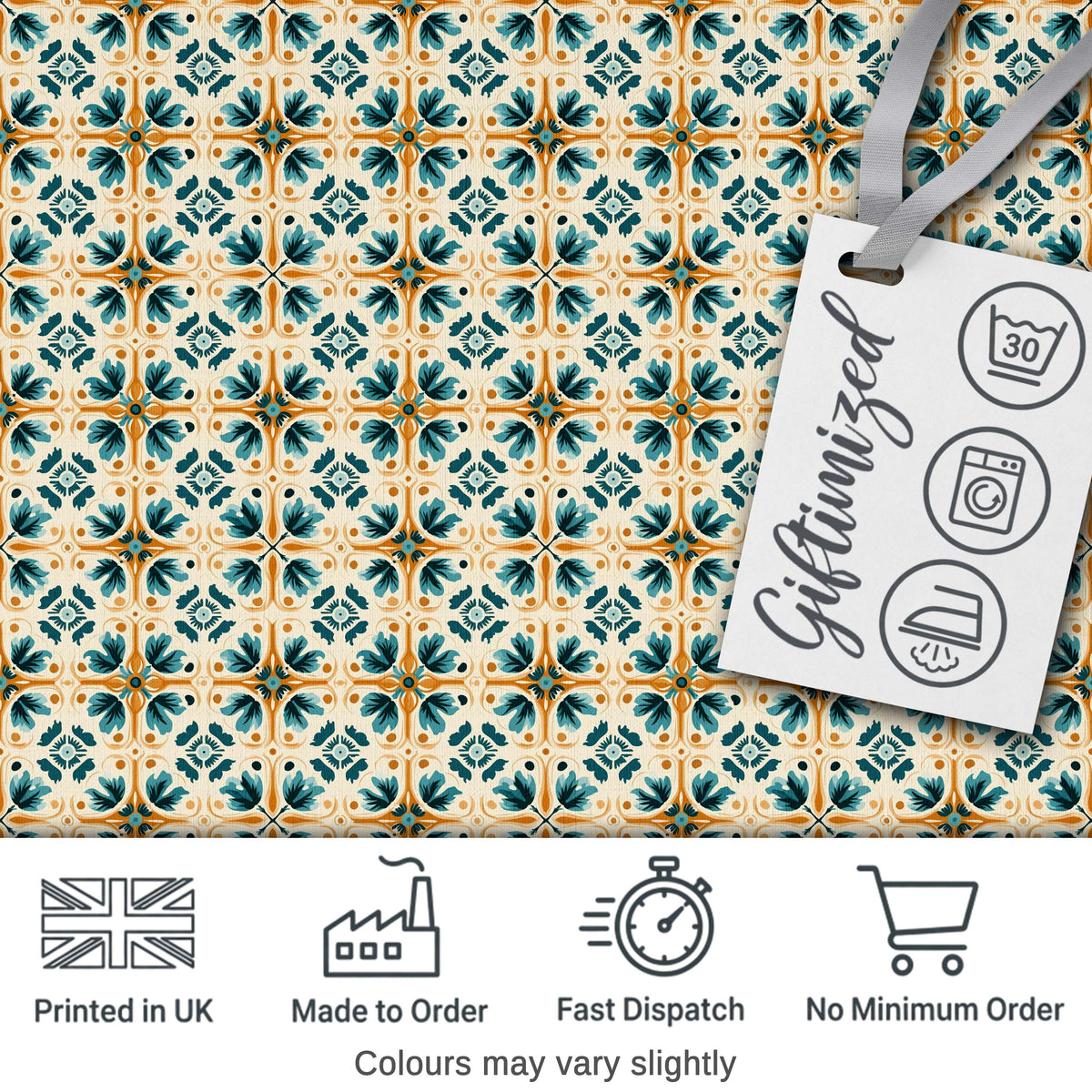 Teal and Orange Stylised Floral Tile Pattern with Repeating Geometric Layout Digital Print Fabric by the Metre UK Sewing Quilting Textile