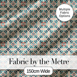 Teal and Red Ornamental Tile Pattern with Symmetrical Vintage Floral Design Digital Print Fabric by the Metre UK Sewing Quilting Textile