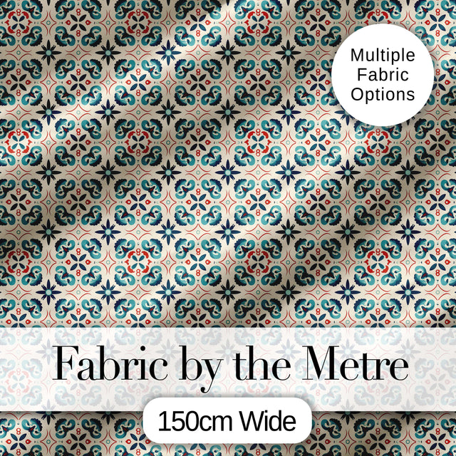 Teal and Red Ornamental Tile Pattern with Symmetrical Vintage Floral Design Digital Print Fabric by the Metre UK Sewing Quilting Textile