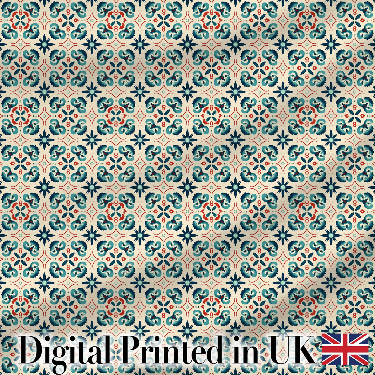 Teal and Red Ornamental Tile Pattern with Symmetrical Vintage Floral Design Digital Print Fabric by the Metre UK Sewing Quilting Textile