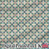 Teal and Red Ornamental Tile Pattern with Symmetrical Vintage Floral Design Digital Print Fabric by the Metre UK Sewing Quilting Textile