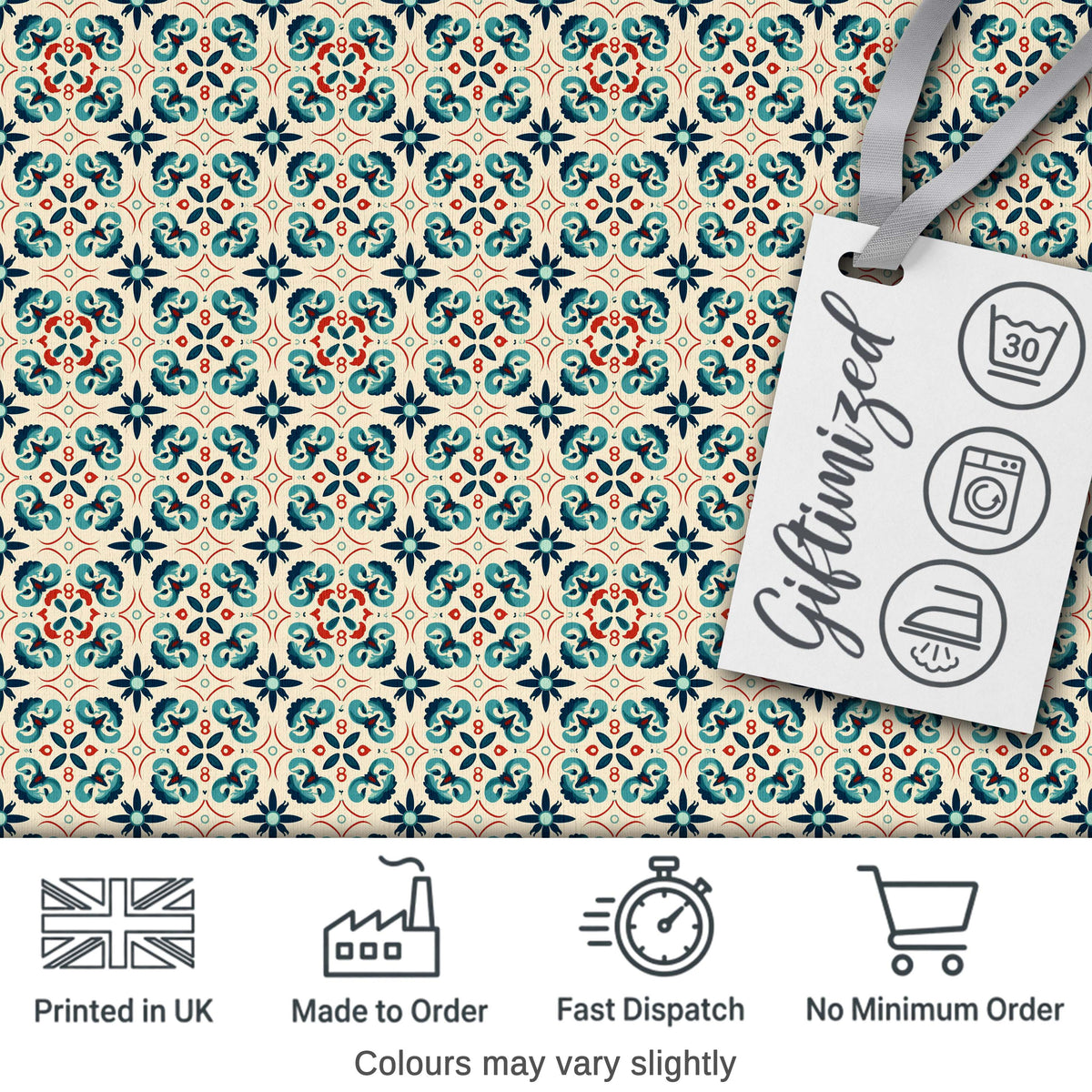 Teal and Red Ornamental Tile Pattern with Symmetrical Vintage Floral Design Digital Print Fabric by the Metre UK Sewing Quilting Textile