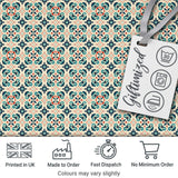 Teal and Red Ornamental Tile Pattern with Symmetrical Vintage Floral Design Digital Print Fabric by the Metre UK Sewing Quilting Textile