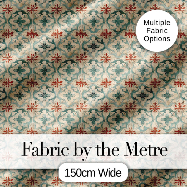 Muted Aqua and Terracotta Vintage Tile Pattern with Distressed Floral Design Digital Print Fabric by the Metre UK Sewing Quilting Textile