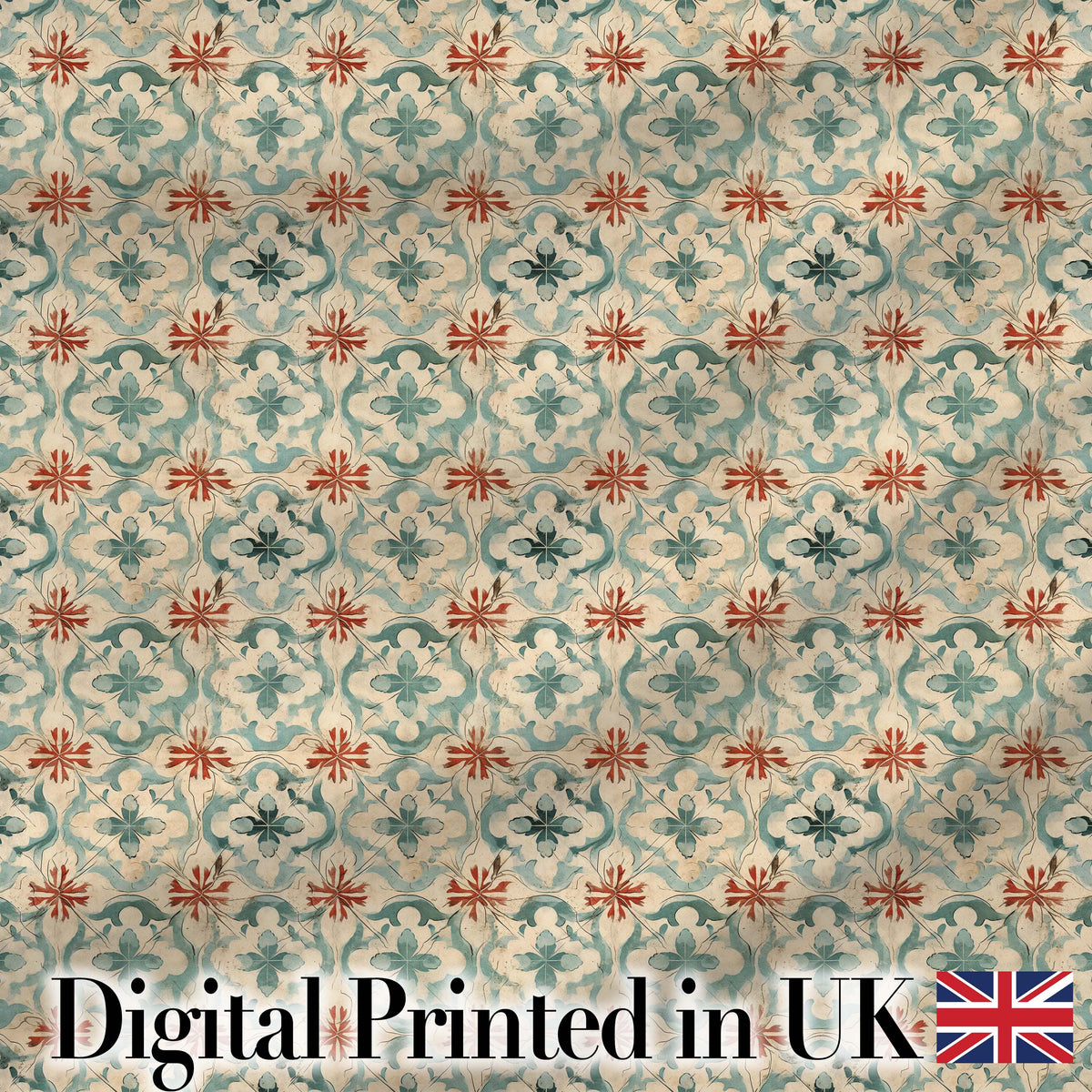 Muted Aqua and Terracotta Vintage Tile Pattern with Distressed Floral Design Digital Print Fabric by the Metre UK Sewing Quilting Textile