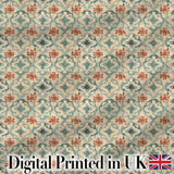 Muted Aqua and Terracotta Vintage Tile Pattern with Distressed Floral Design Digital Print Fabric by the Metre UK Sewing Quilting Textile