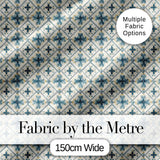 Pale Blue and Cream Traditional Tile Pattern with Floral Medallion Motifs Digital Print Fabric by the Metre UK Sewing Quilting Textile