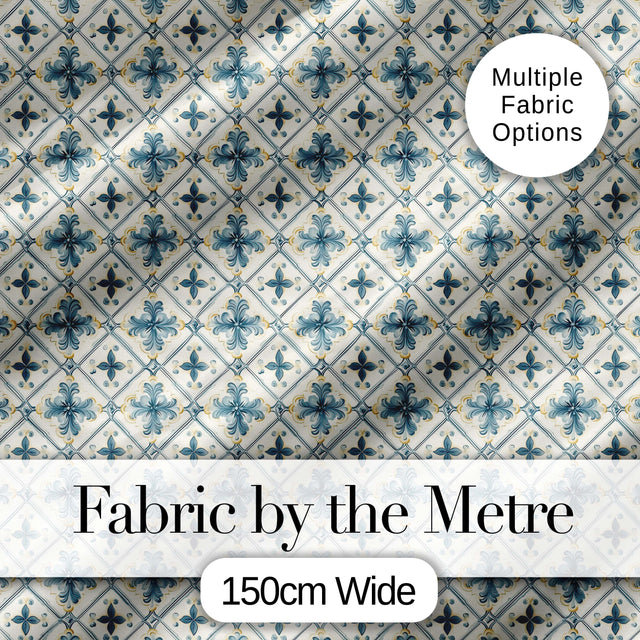 Pale Blue and Cream Traditional Tile Pattern with Floral Medallion Motifs Digital Print Fabric by the Metre UK Sewing Quilting Textile