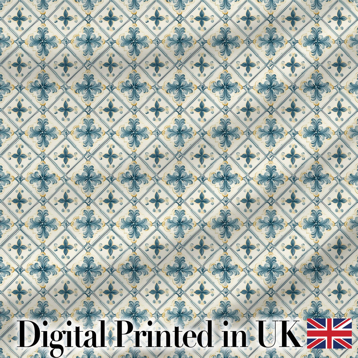 Pale Blue and Cream Traditional Tile Pattern with Floral Medallion Motifs Digital Print Fabric by the Metre UK Sewing Quilting Textile