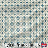 Pale Blue and Cream Traditional Tile Pattern with Floral Medallion Motifs Digital Print Fabric by the Metre UK Sewing Quilting Textile