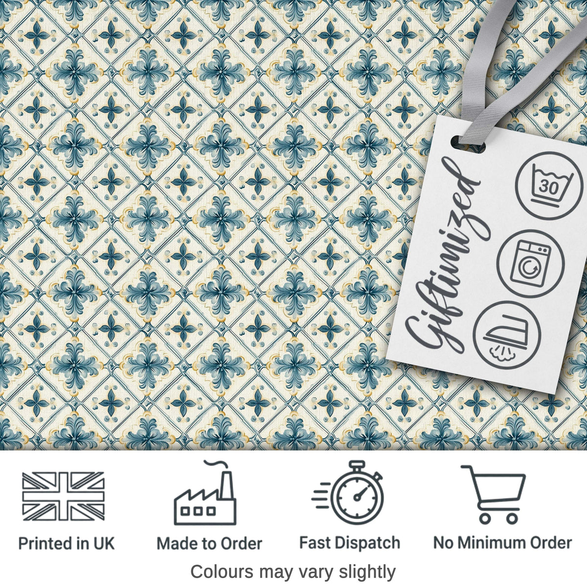 Pale Blue and Cream Traditional Tile Pattern with Floral Medallion Motifs Digital Print Fabric by the Metre UK Sewing Quilting Textile