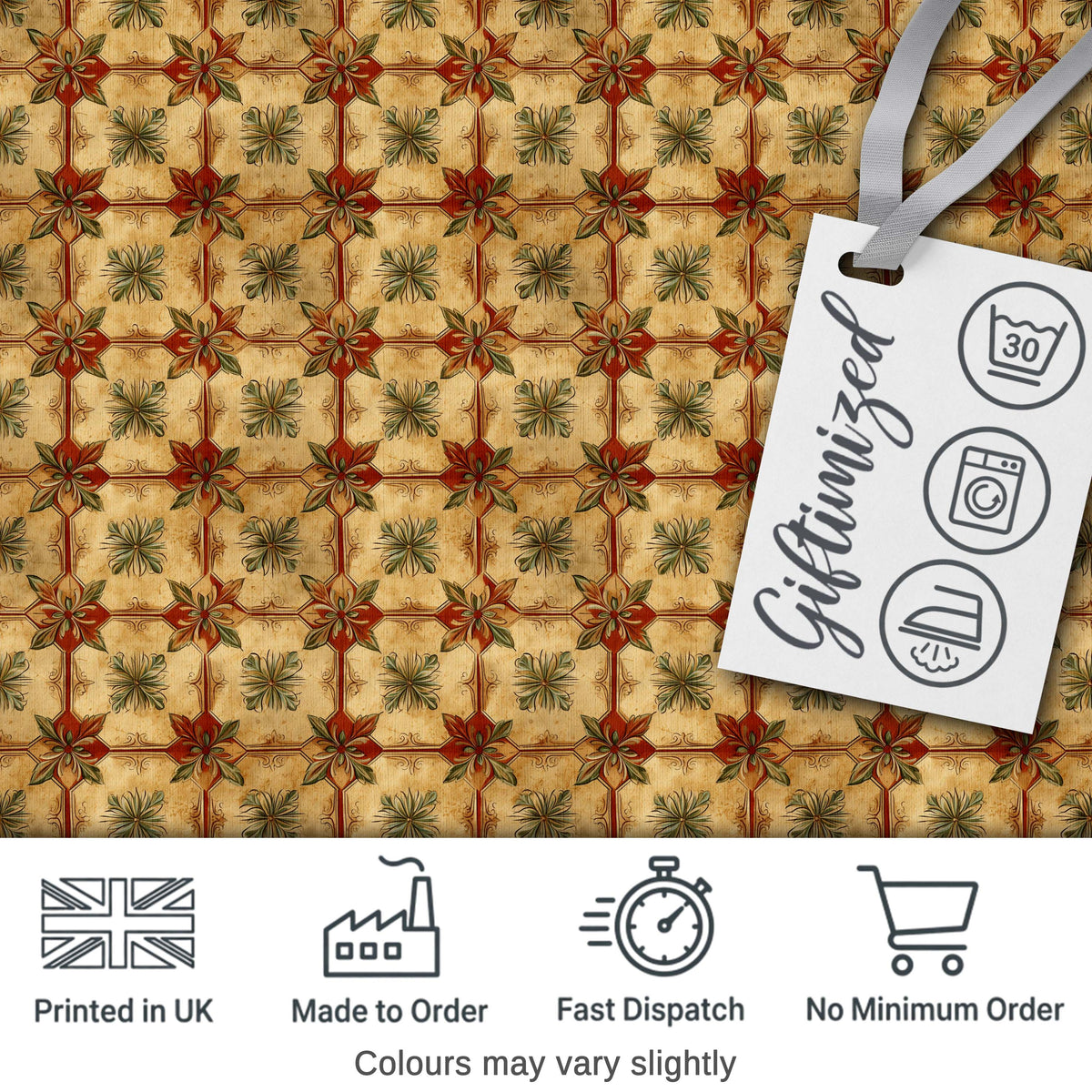 Vintage Floral Tile Pattern in Warm Beige and Terracotta Geometric Repeat Digital Print Fabric by the Metre UK Sewing Quilting Textile