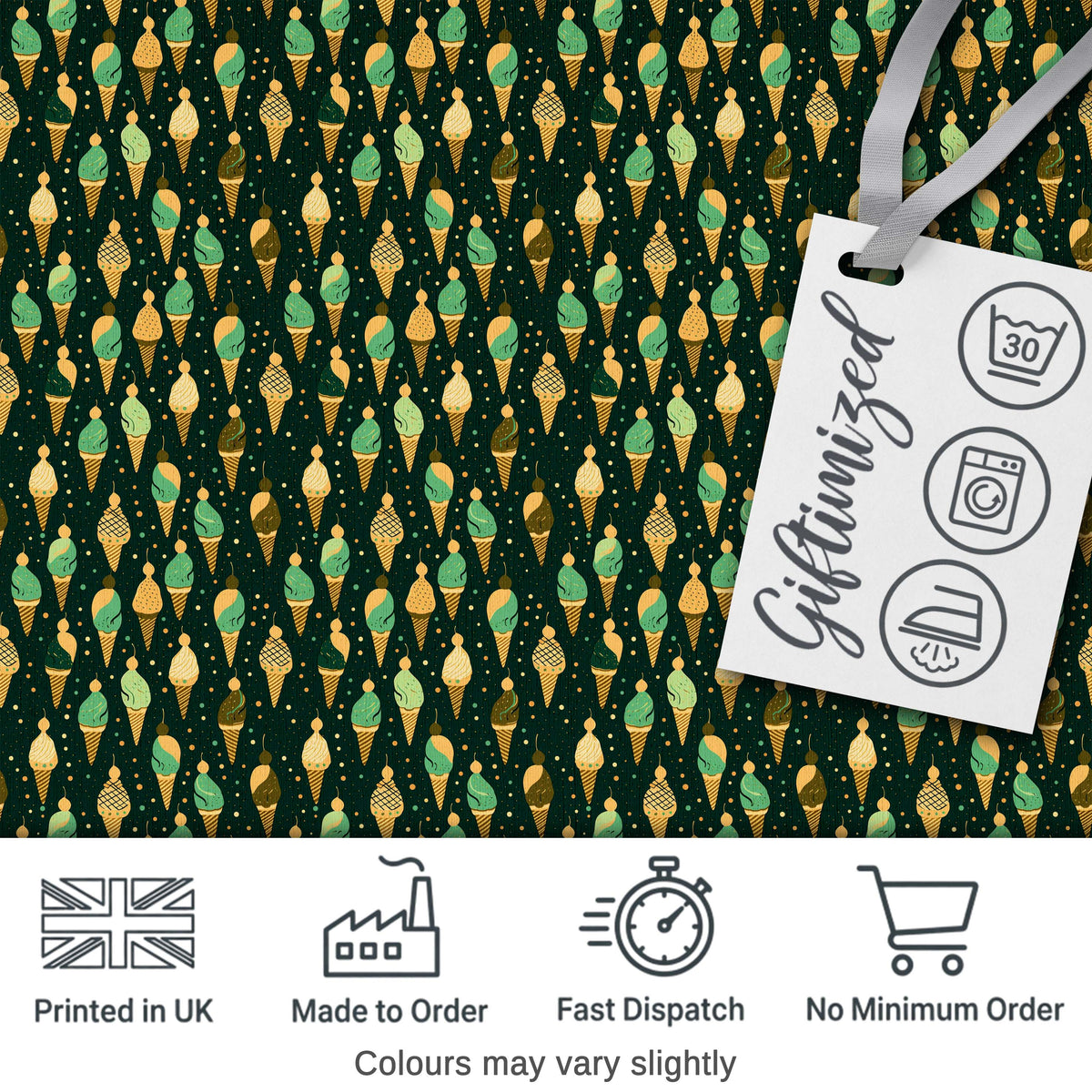 Dark Green  Ice Cream Cone Repeat Pattern with Gold Accents Digital Print Fabric by the Metre UK Sewing Quilting Textile