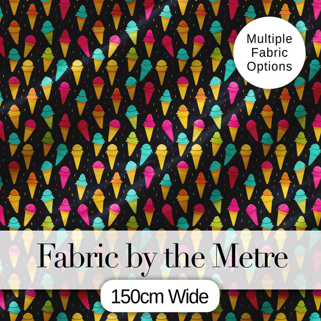 Bright Neon Ice Cream Cones on Black Fun Pop Art Dessert Seamless Pattern Digital Print Fabric by the Metre UK Sewing Quilting Textile