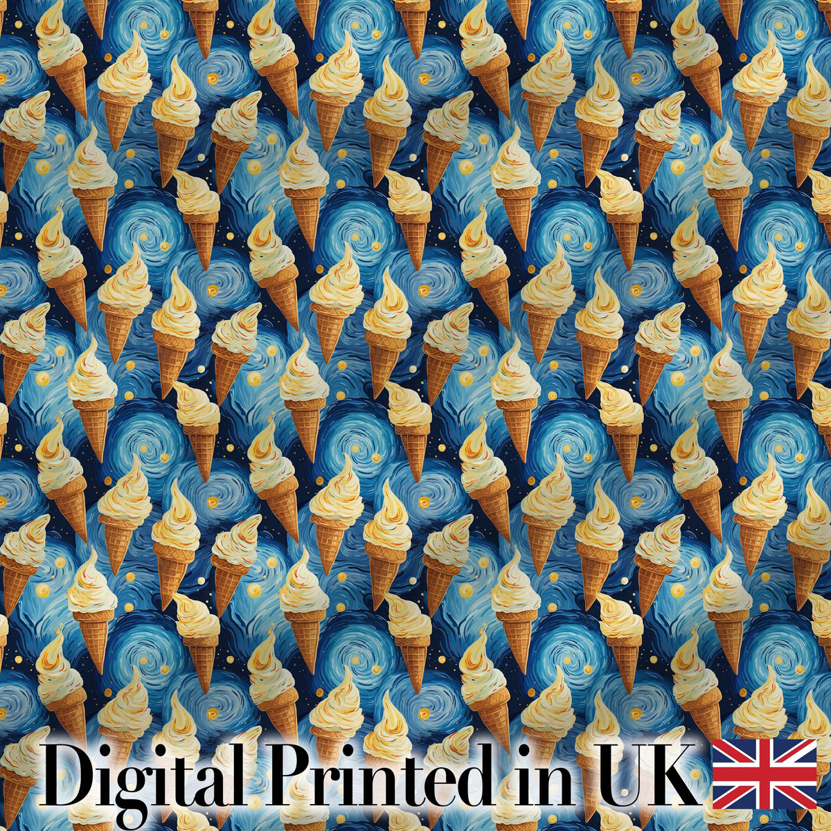 Artistic Ice Cream Cones Over Starry Night Inspired Blue Swirl Background Digital Print Fabric by the Metre UK Sewing Quilting Textile