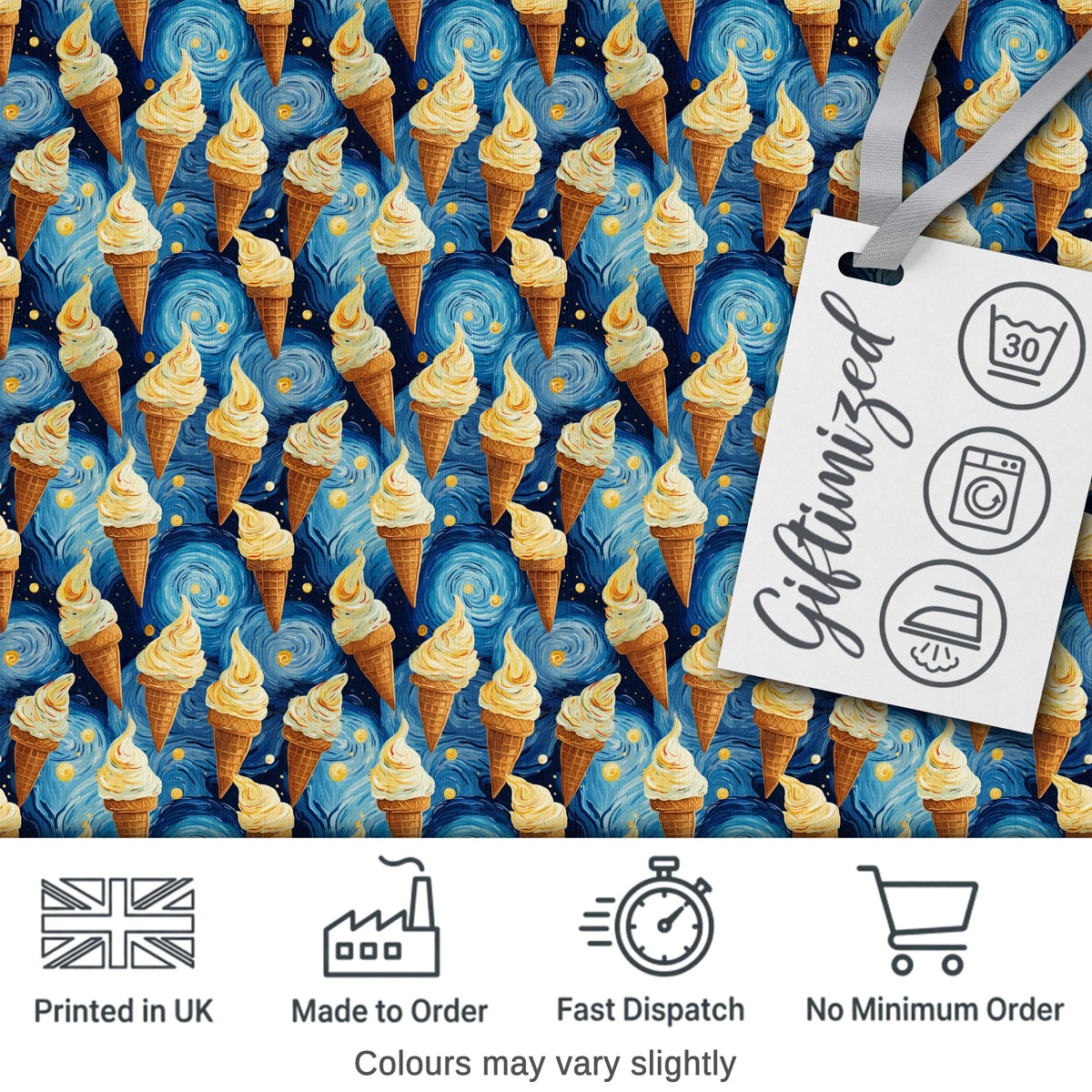 Artistic Ice Cream Cones Over Starry Night Inspired Blue Swirl Background Digital Print Fabric by the Metre UK Sewing Quilting Textile