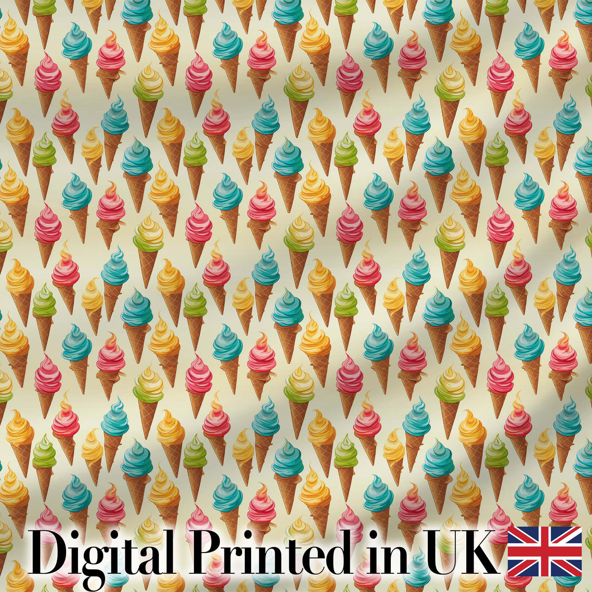 Colourful Ice Cream Cones Scattered on Cream Background Playful Dessert Pattern Digital Print Fabric by the Metre UK Sewing Quilting Textile