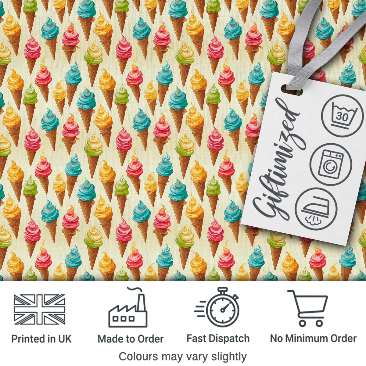 Colourful Ice Cream Cones Scattered on Cream Background Playful Dessert Pattern Digital Print Fabric by the Metre UK Sewing Quilting Textile