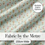Vintage Style Ice Cream Cones with Cherries on Mint Green Background Digital Print Fabric by the Metre UK Sewing Quilting Textile