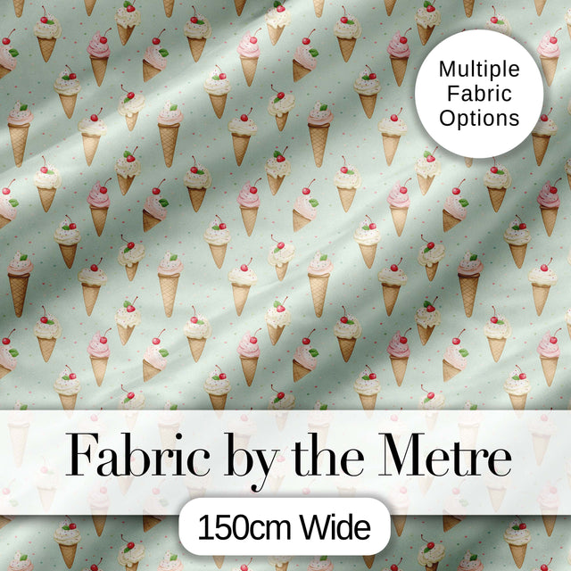 Vintage Style Ice Cream Cones with Cherries on Mint Green Background Digital Print Fabric by the Metre UK Sewing Quilting Textile