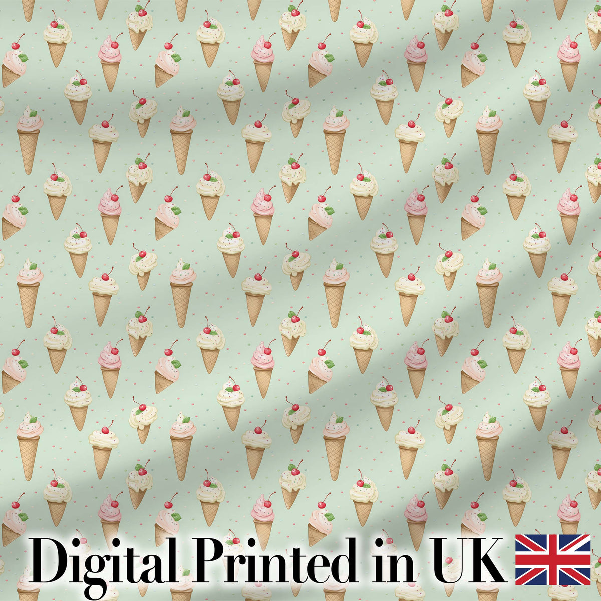 Vintage Style Ice Cream Cones with Cherries on Mint Green Background Digital Print Fabric by the Metre UK Sewing Quilting Textile