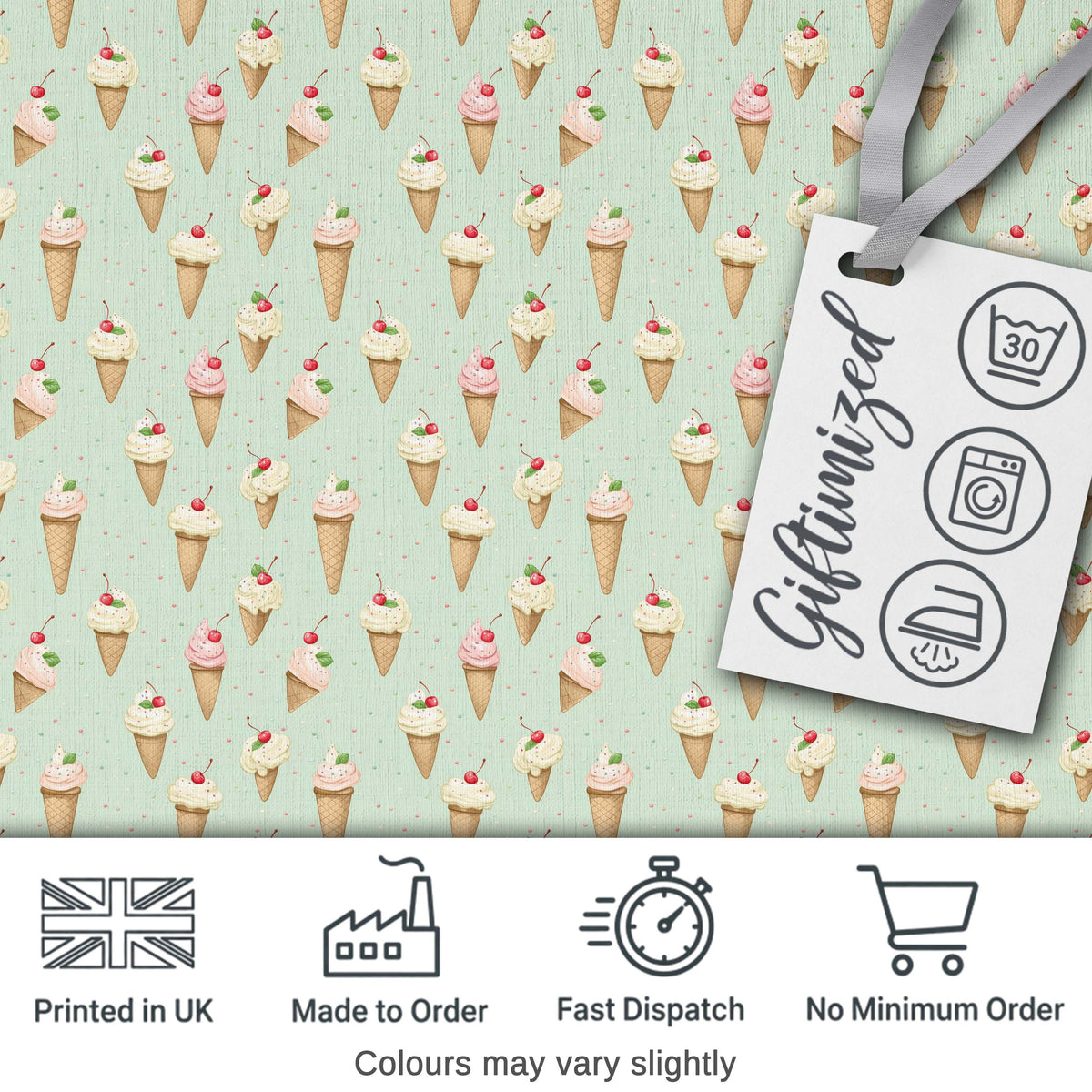 Vintage Style Ice Cream Cones with Cherries on Mint Green Background Digital Print Fabric by the Metre UK Sewing Quilting Textile