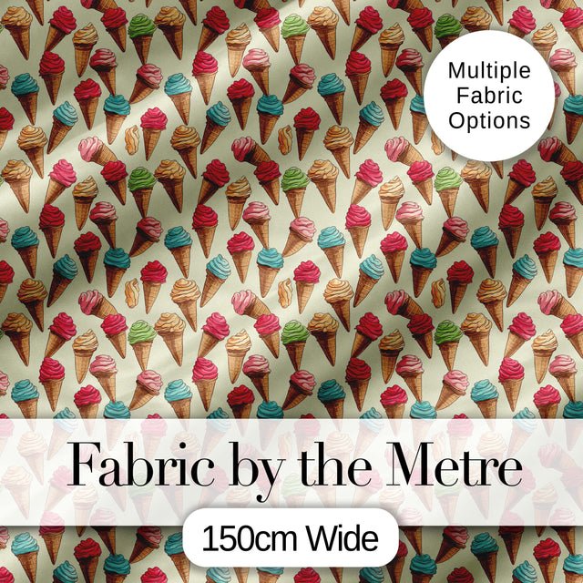 Cute Cartoon Ice Cream Cone Pattern in Pink Blue and Chocolate on Light Blue Digital Print Fabric by the Metre UK Sewing Quilting Textile